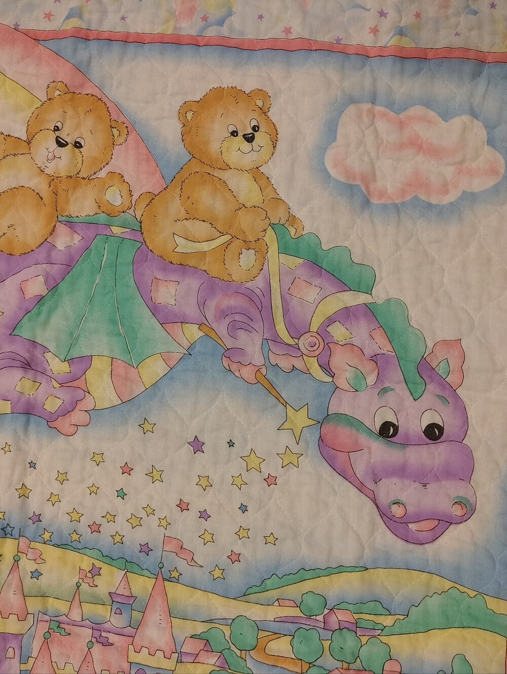 Vintage Whimsical Teddy Bears & Flying Dragon Baby Quilt With Pastel Colors